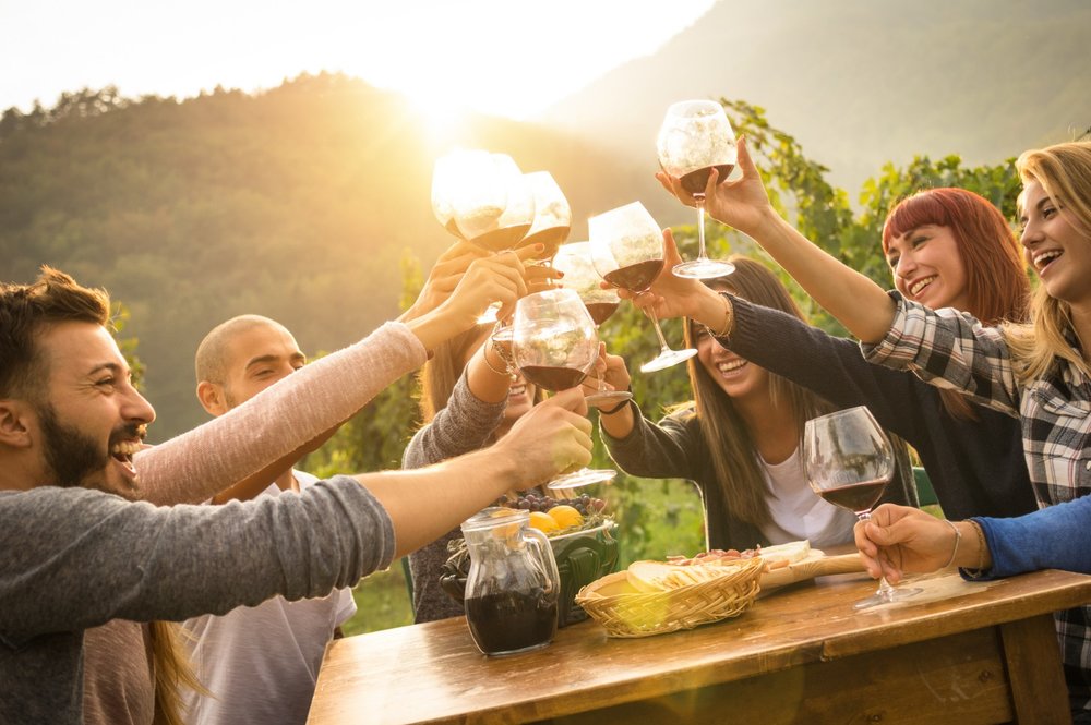 Group of friends toasting red wine in a Tuscan vineyard during sunset