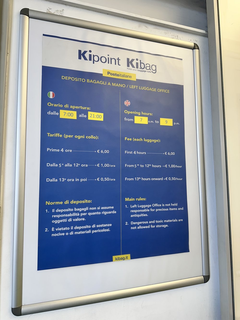 Kibag luggage storage rates at Florence main train station