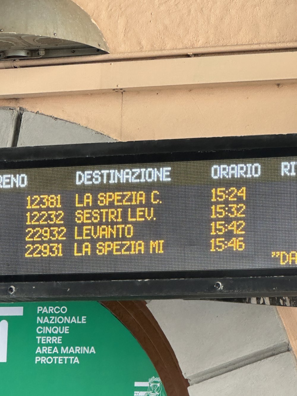 The train schedule on the platform in Cinque Terre, Italy