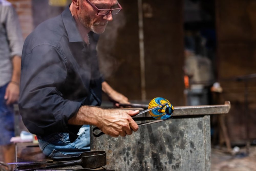 Master artisan glassblowing in Murano, Venice, Italy