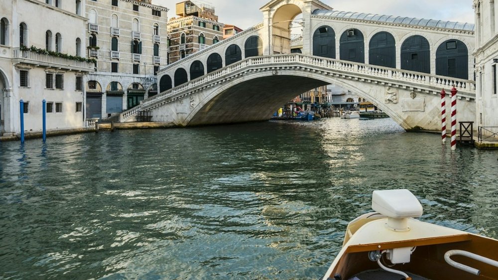 Rialto Bridge view from a boat ride on Venice’s Grand Canal