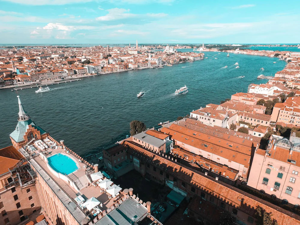 Aerial view of the Hilton Molino Stucky Venice hotel on Giudecca Island