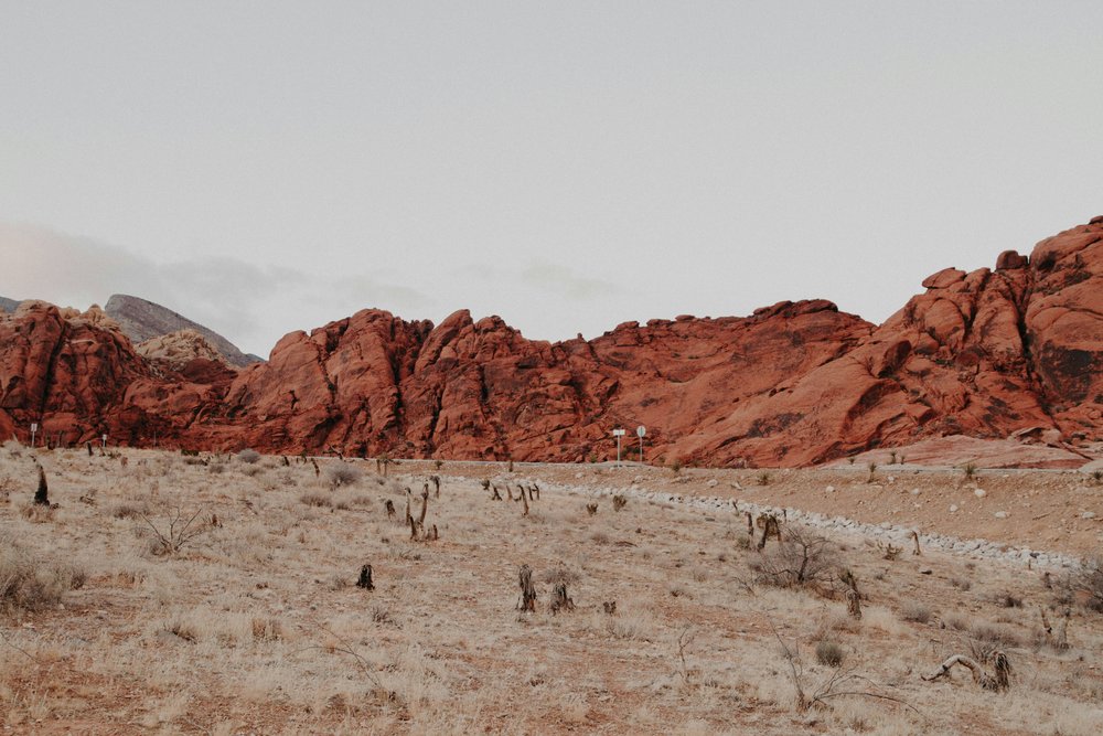 Fiery red sandstone peaks rise over a scenic long drive