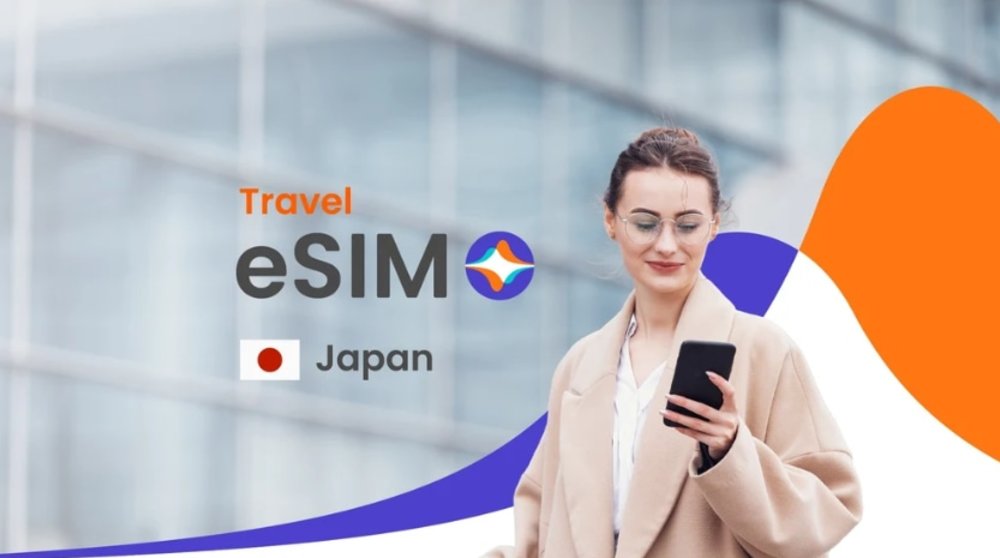 A woman holding a phone, smiling slightly. Text overlay on image reads "Travel eSIM Japan"