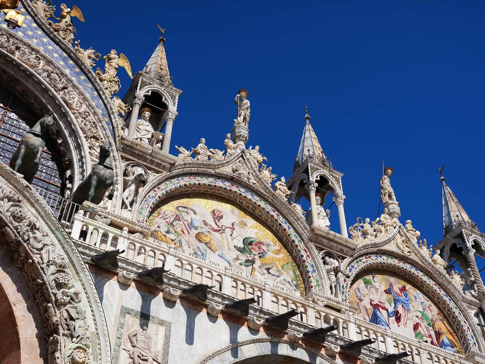 A close-up of St. Mark's Basilica's architectural details