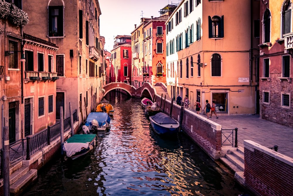 Gondolas on a canal in Venice