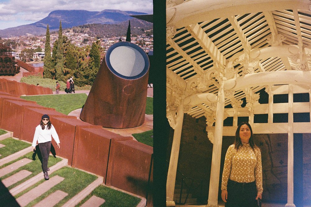 collage of film photos of two women in museum of old and new art