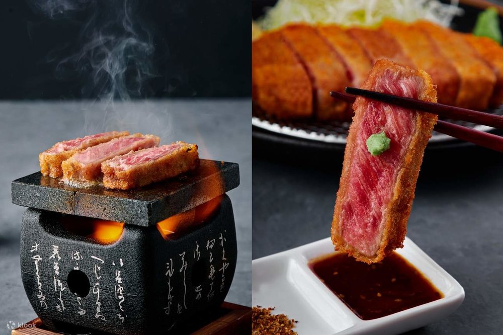 beef katsu on stone grill and above dipping sauce in gyukatsu boracay