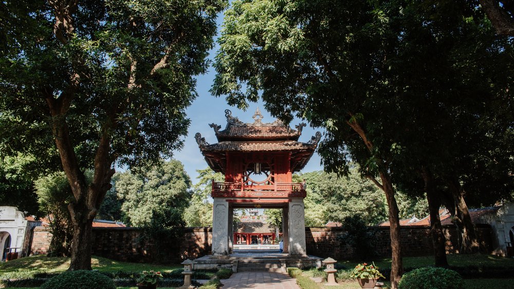 Khue Van Cac Pavilion surrounded by greenery at Temple of Literature Hanoi