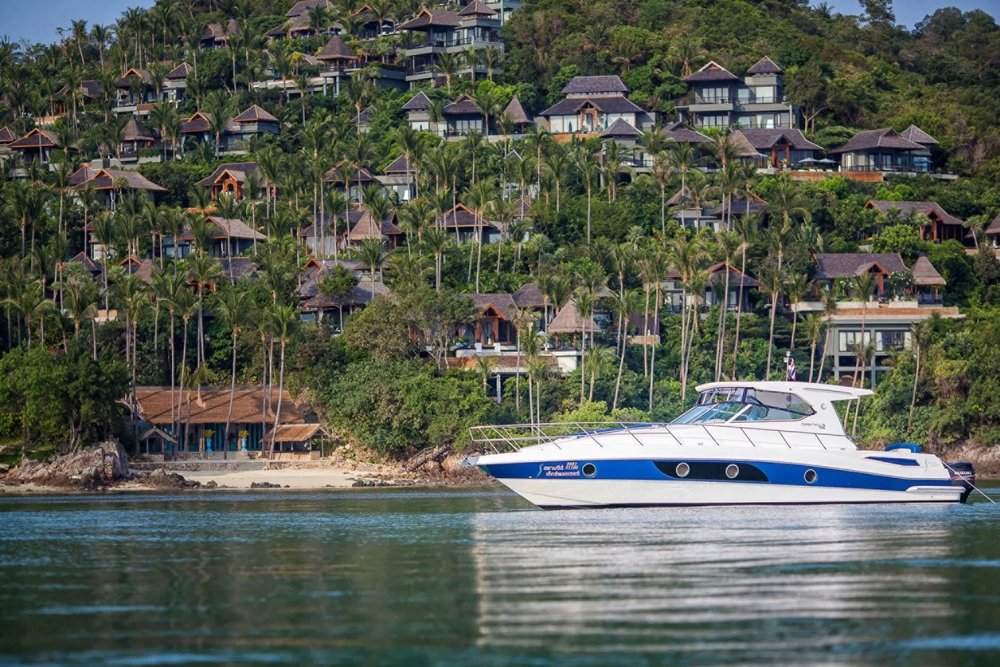 A speedboat in the waters of the Gulf of Thailand