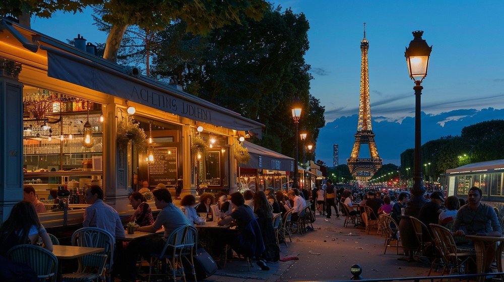 A street-level view of people dining outdoors, Eiffel Tower in the background