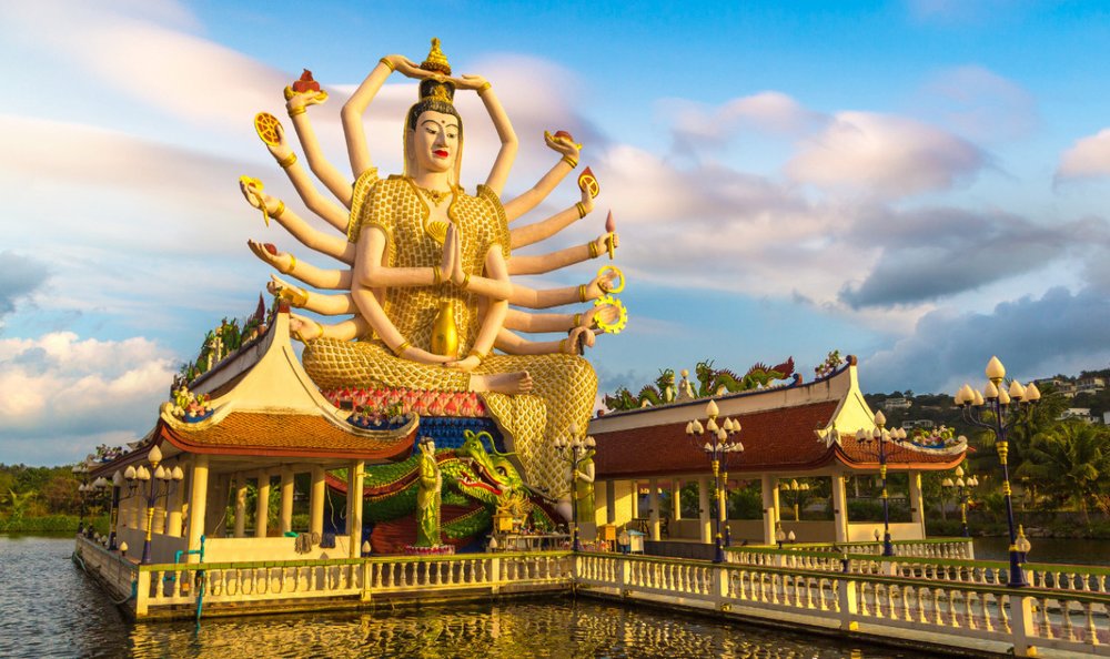 Golden buddha statue with blue sky background