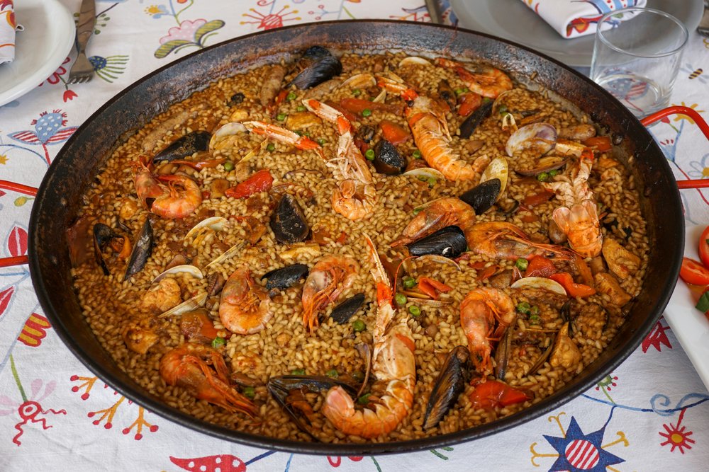Paella pan on a kitchen table