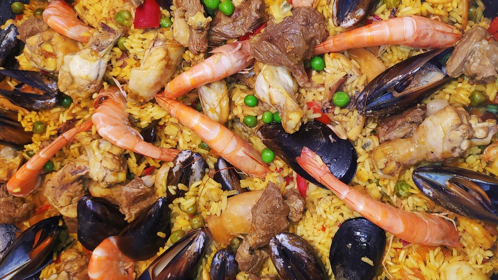 close up of seafood paella dish