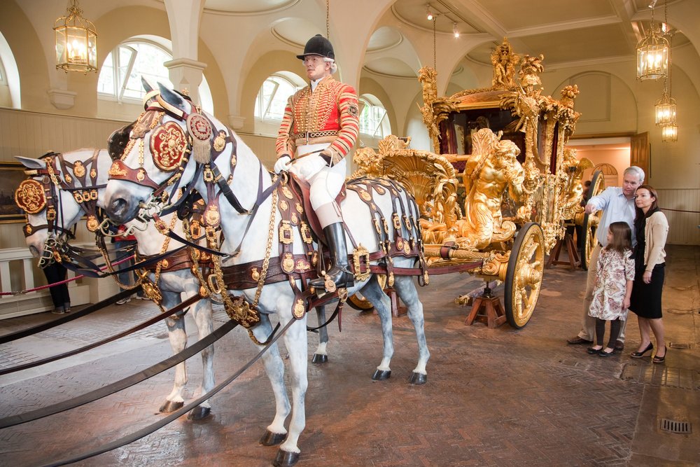 Gold State Coach and horses at the Royal Mews, Buckingham Palace.