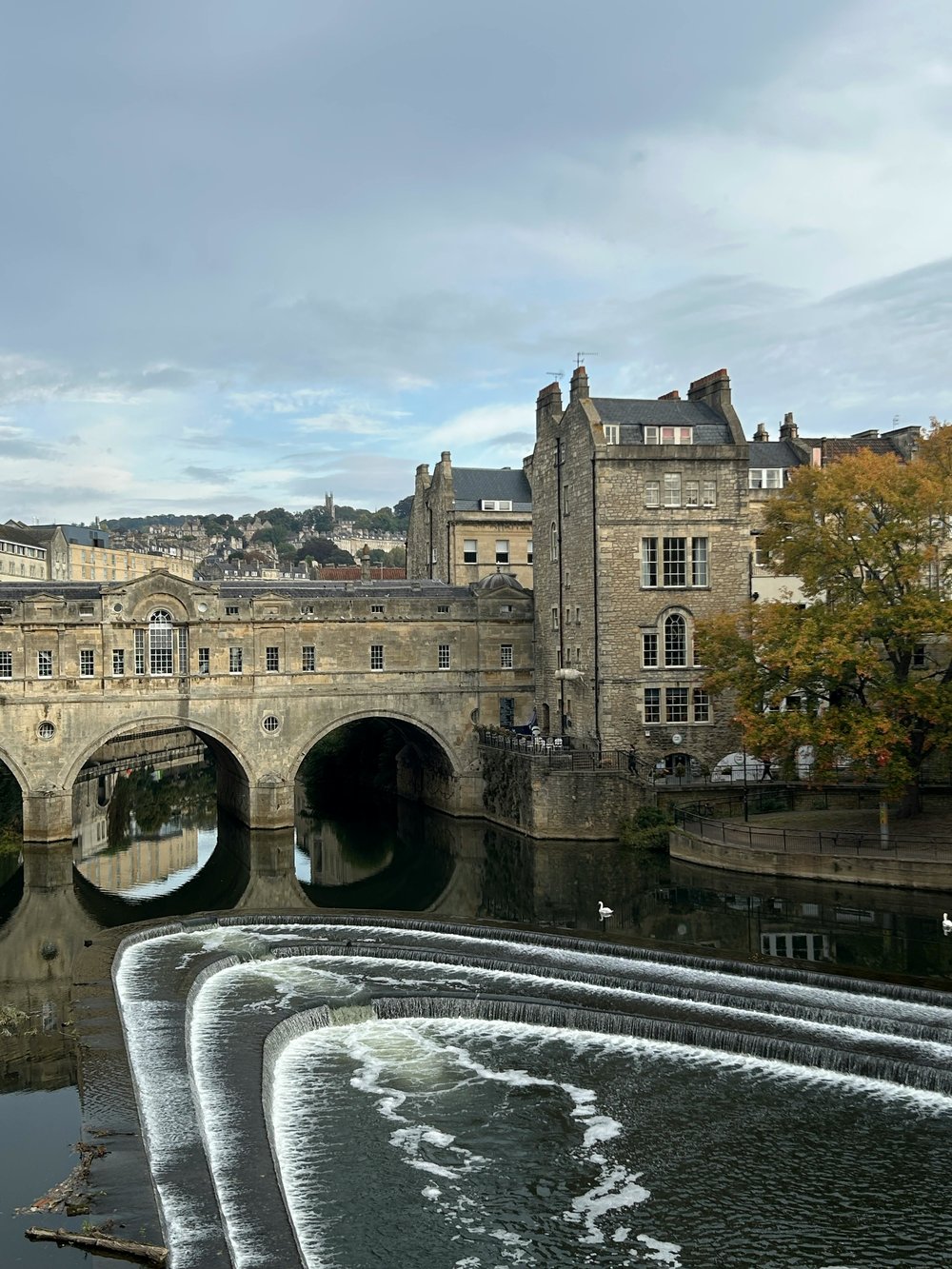 View of Pulteney Bridge and River Avon weir in Bath, England