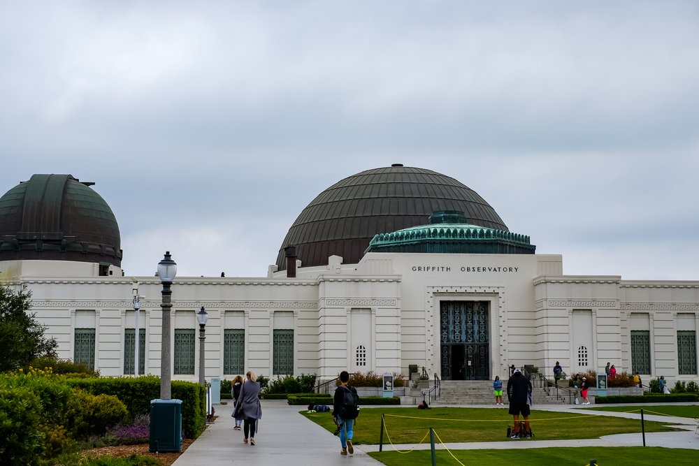 Front view of Griffith Observatory’s domes and entrance in Los Angeles