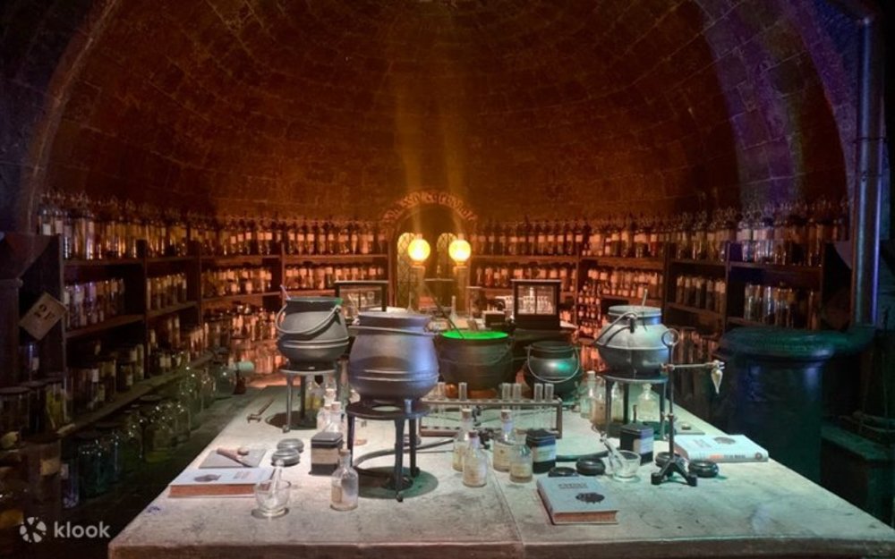 Cauldrons, jars, herbs, and spices inside the Potions Classroom