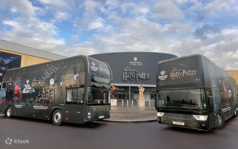 Two double-decker buses in front of the Warner Bros. Studio Tour London