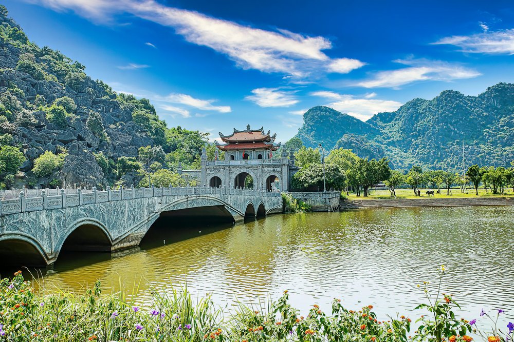 The ancient stone bridge and gate at Hoa Lu Ancient Capital in Vietnam