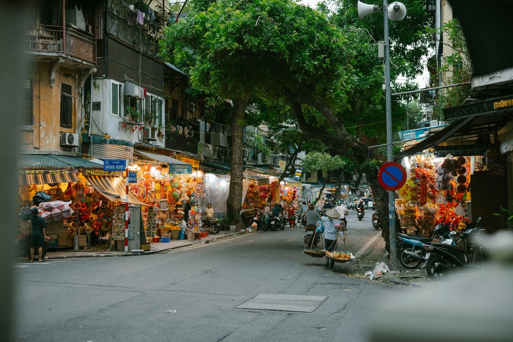 Shop-filled streets in Hanoi