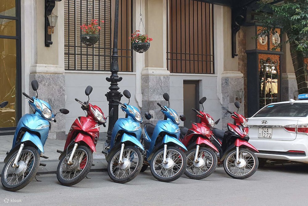 Parked scooters lined up on the side of the street