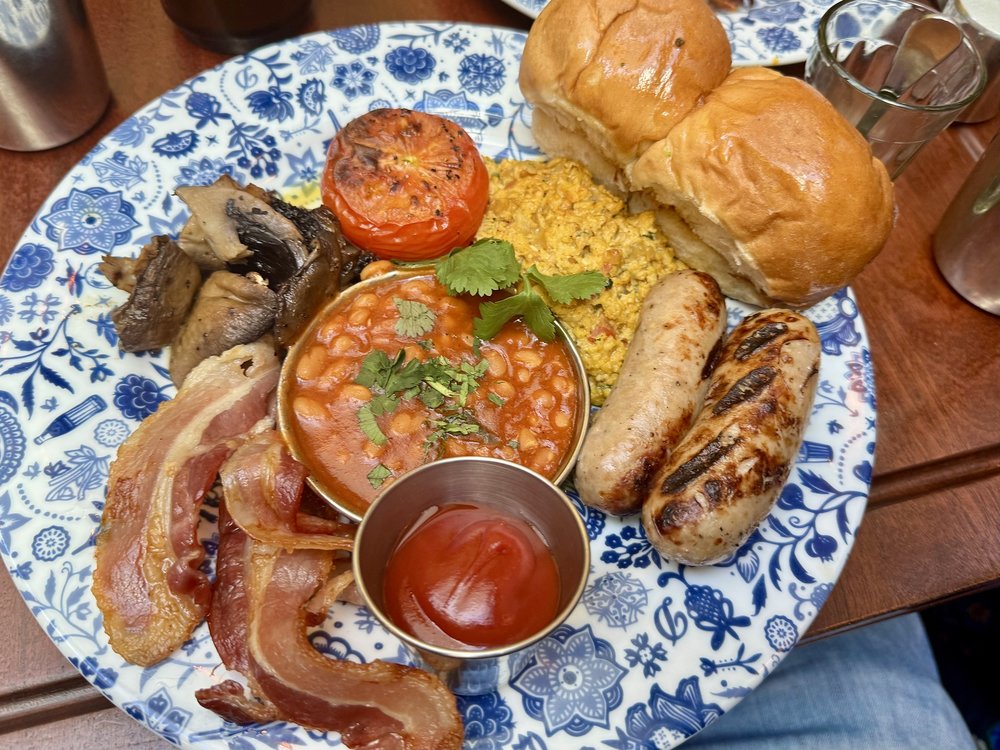 A dish of a classic English breakfast with an Indian twist called The Big Bombay