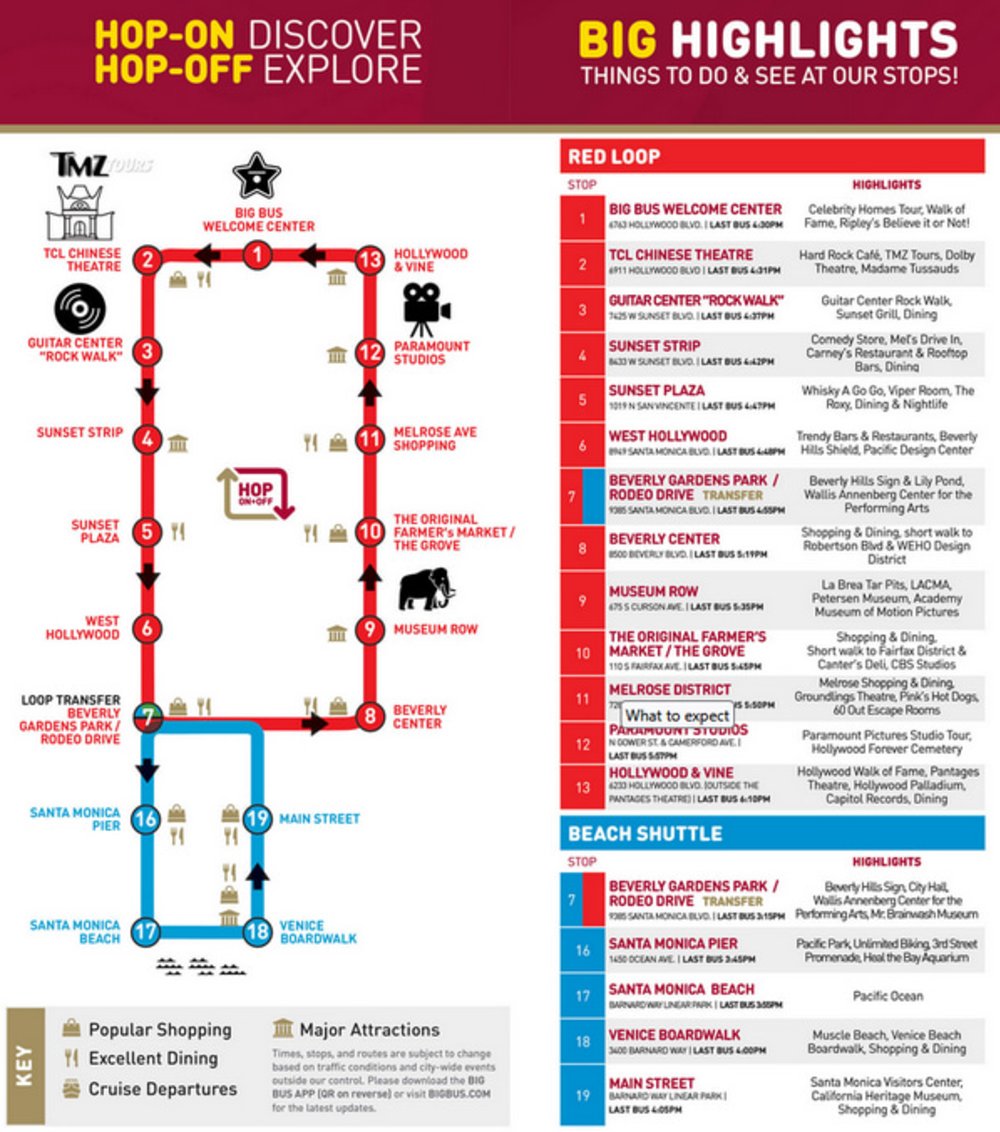 Routes available for the Los Angeles Big Bus Hop-On Hop-Off Tours