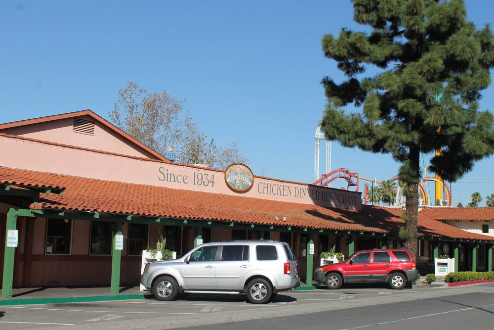 Exterior of Mrs. Knott’s Chicken Dinner Restaurant near Knott’s Berry Farm entrance.