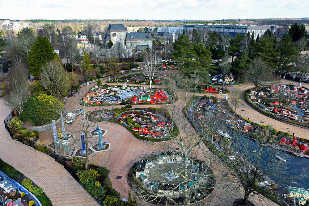 Aerial view of LEGO-built landmarks at Miniland USA in LEGOLAND California.