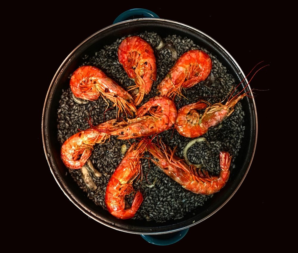 Paella negra, made with squid ink that turns the rice black.