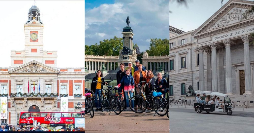 A collage of the vehicles (bus, bike, tuk tuk) you can take for a tour of Madrid’s highlights