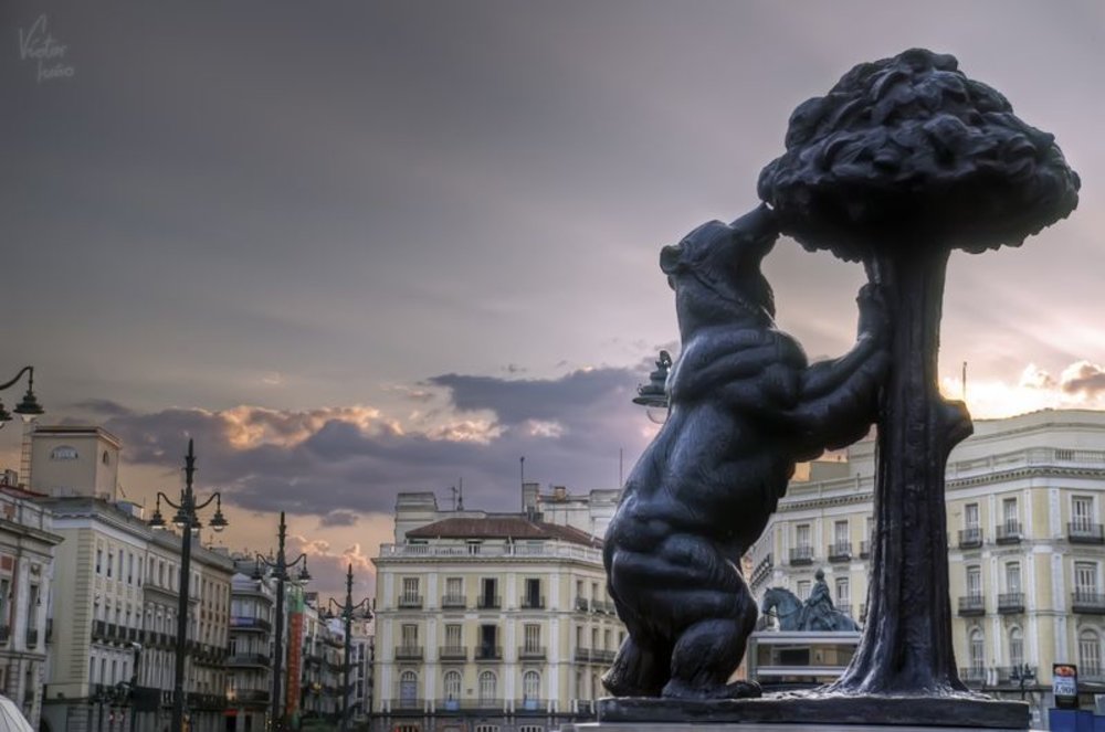 The El Oso y Madroño against the buildings and sunset of Madrid