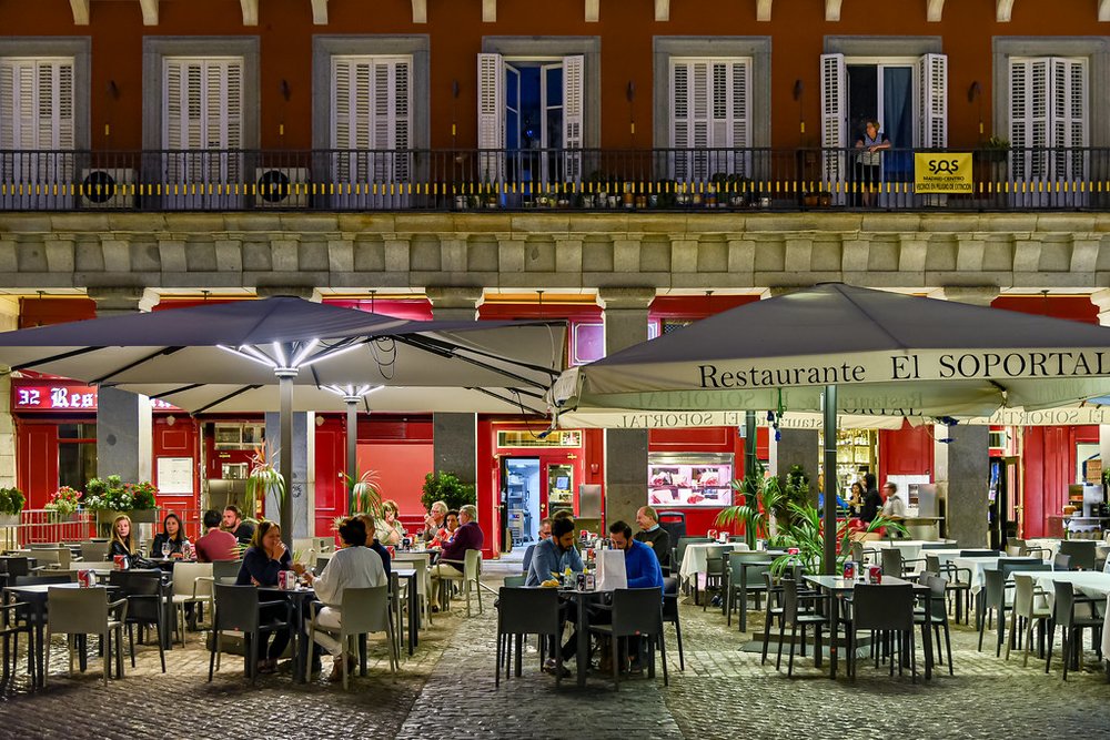 Restaurante El Soportal at night, Plaza Mayor in Madrid