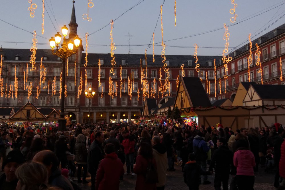 The illuminated Christmas market at Plaza Mayor, Madrid