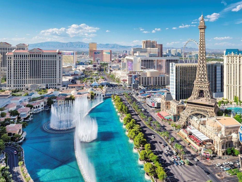 Aerial view of the Las Vegas Strip with Bellagio fountains in March