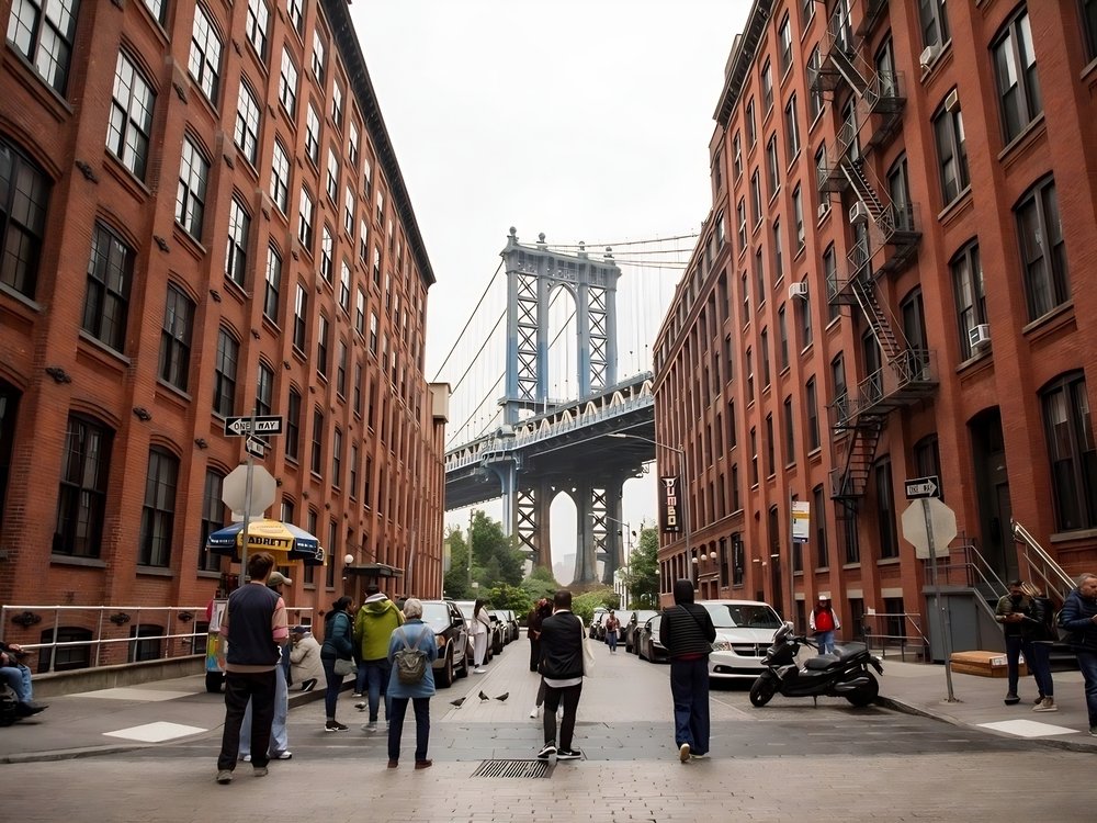 People walking in DUMBO toward the Manhattan Bridge between red-brick buildings