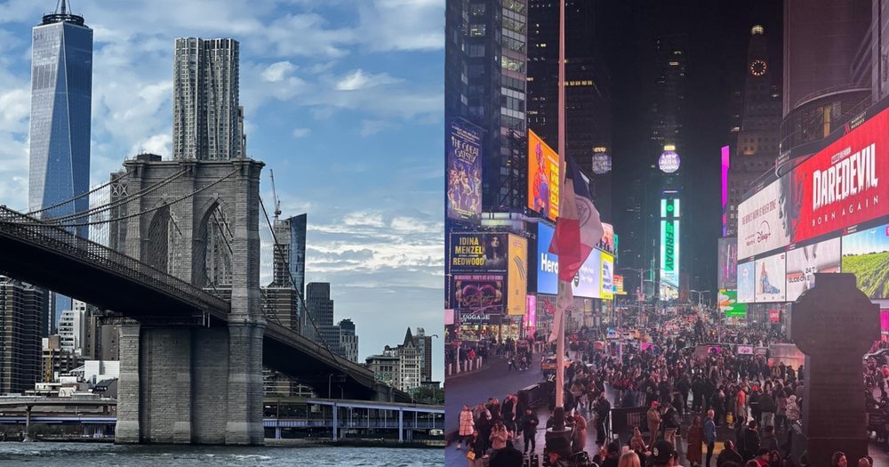 Side-by-side view of the Brooklyn Bridge skyline and busy Times Square at night.
