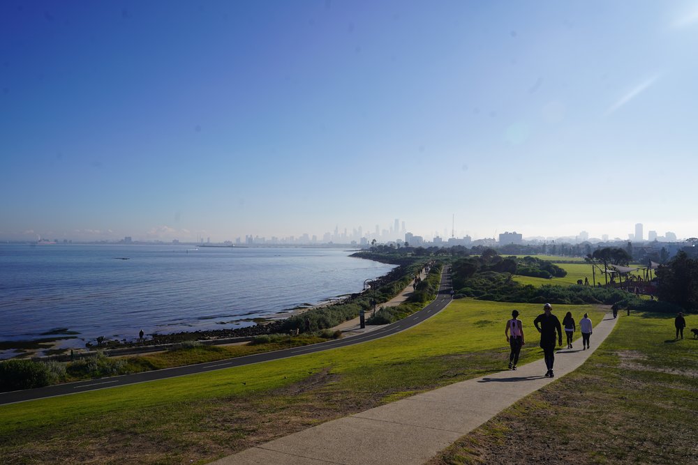 A view of Melbourne’s skyline in the distance from Point Ormond Lookout 