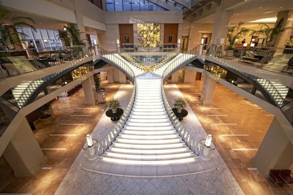 The grand staircase at Hotel Keihan Universal Tower