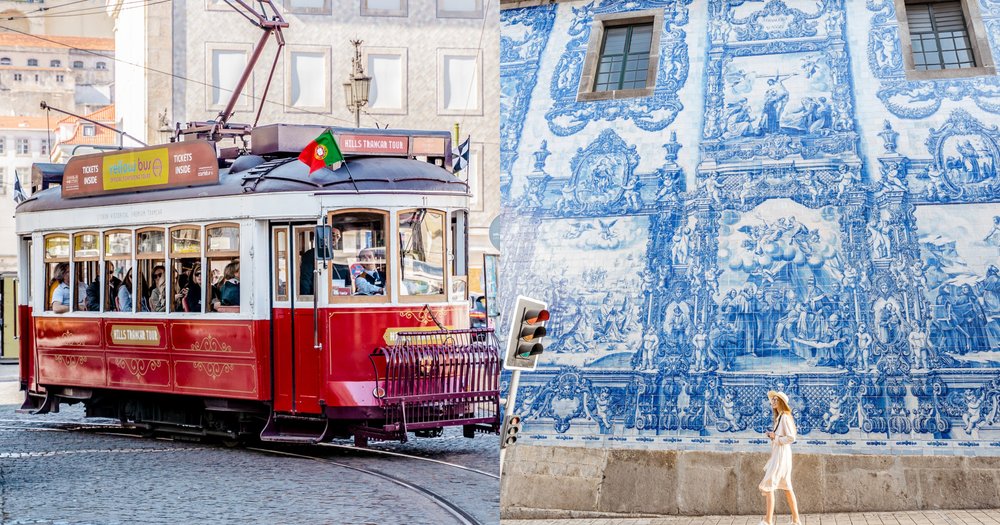 Side-by-side photo of a Lisbon tram and Porto’s azulejo-tiled facade