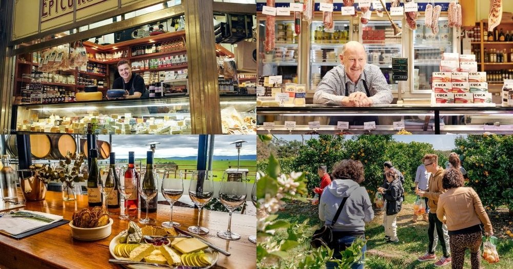 A collage of a cheese shop, Queen Victoria Market, Yarra Valley, and Yarra Orchard