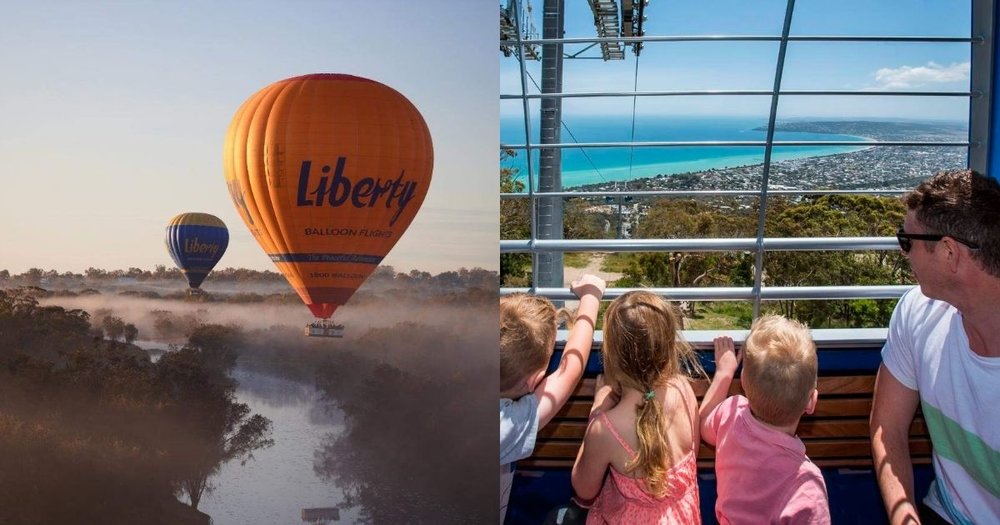 A collage of a hot air balloon in the sky, and the Arthurs Seat Eagle Gondola