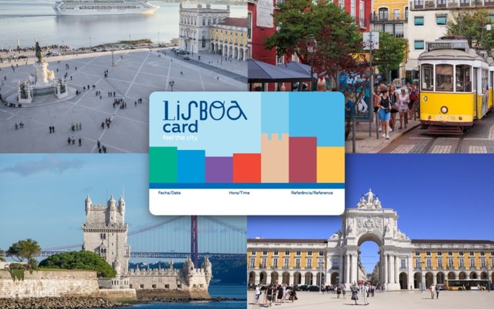 A collage image featuring the Lisboa Card over the Praça do Comércio, a tram, Belém Tower, and the Rua Augusta Arch