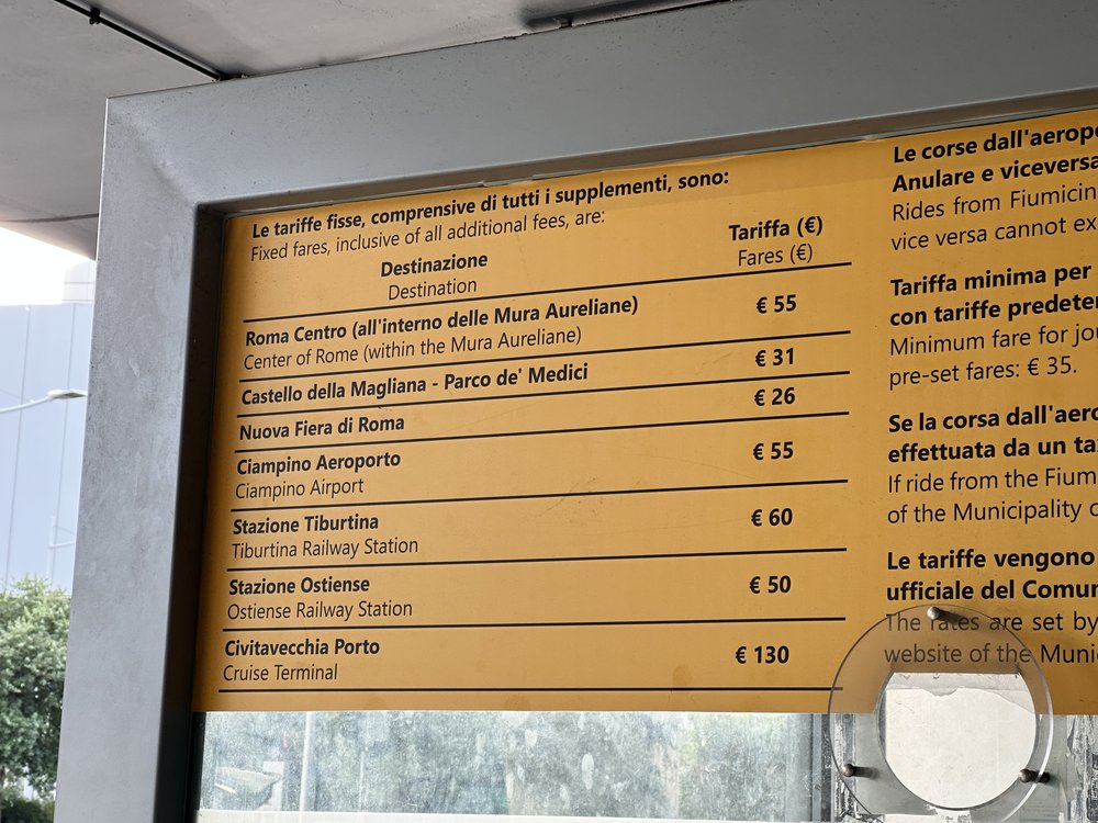 taxi costs for Rome airport into the center city.