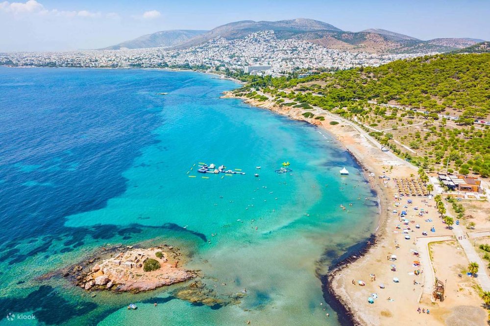 An aerial view of the turquoise waters of Kavouri Beach