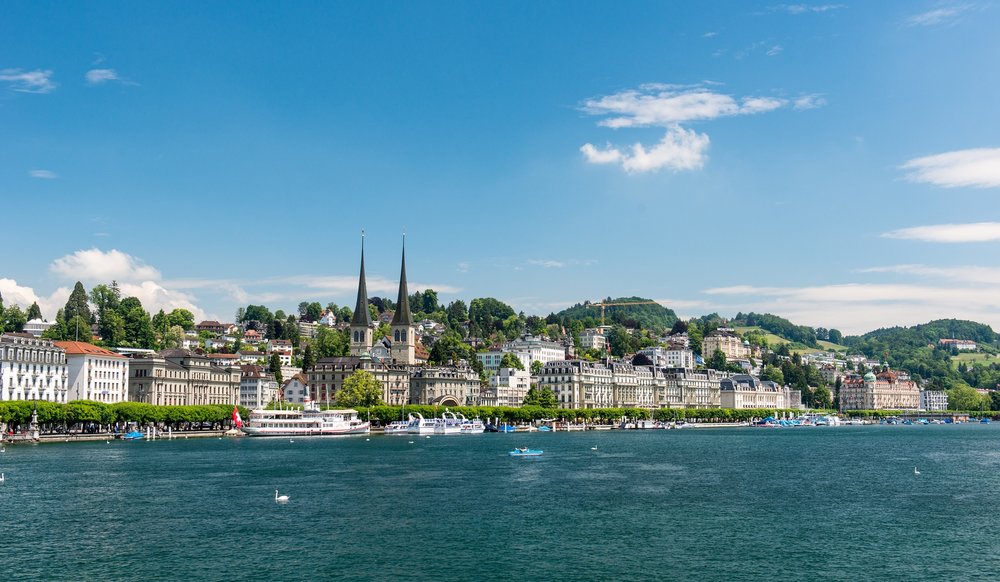 Waterfront view of Lucerne with twin church towers and lakeside buildings