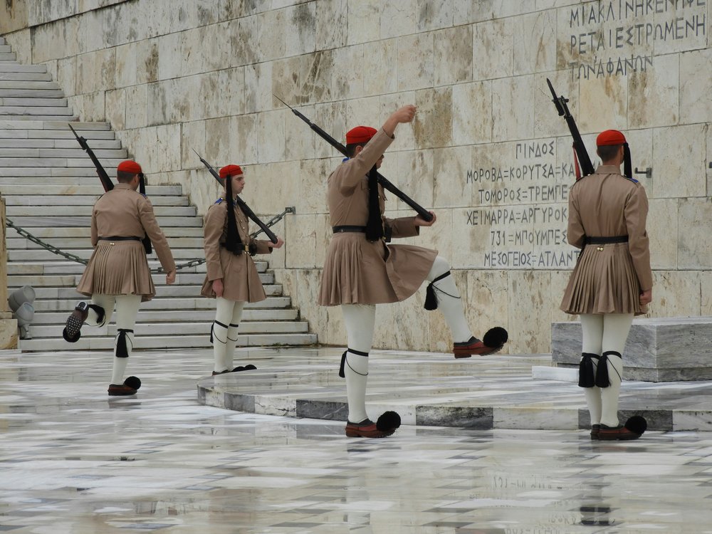 The changing of the guard ceremony at Syntagma Square.