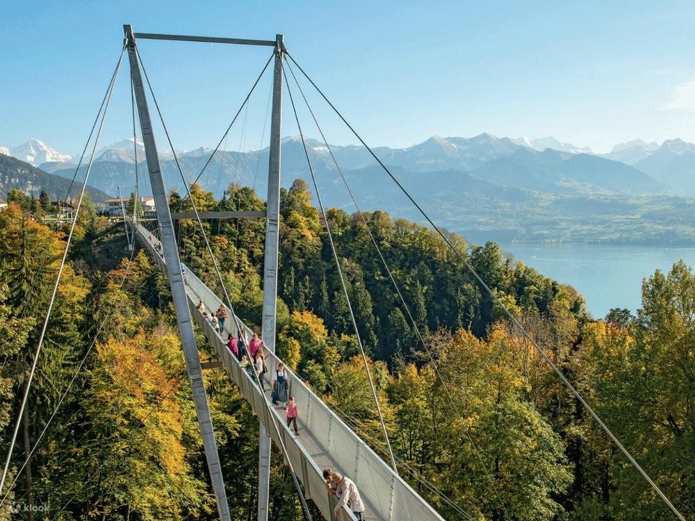 An aerial shot of people walking on the Sigriwil Bridge