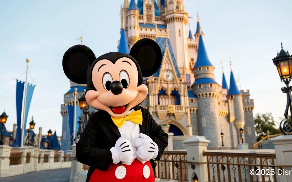 Mickey Mouse suited up in front of Cinderella Castle at Walt Disney World